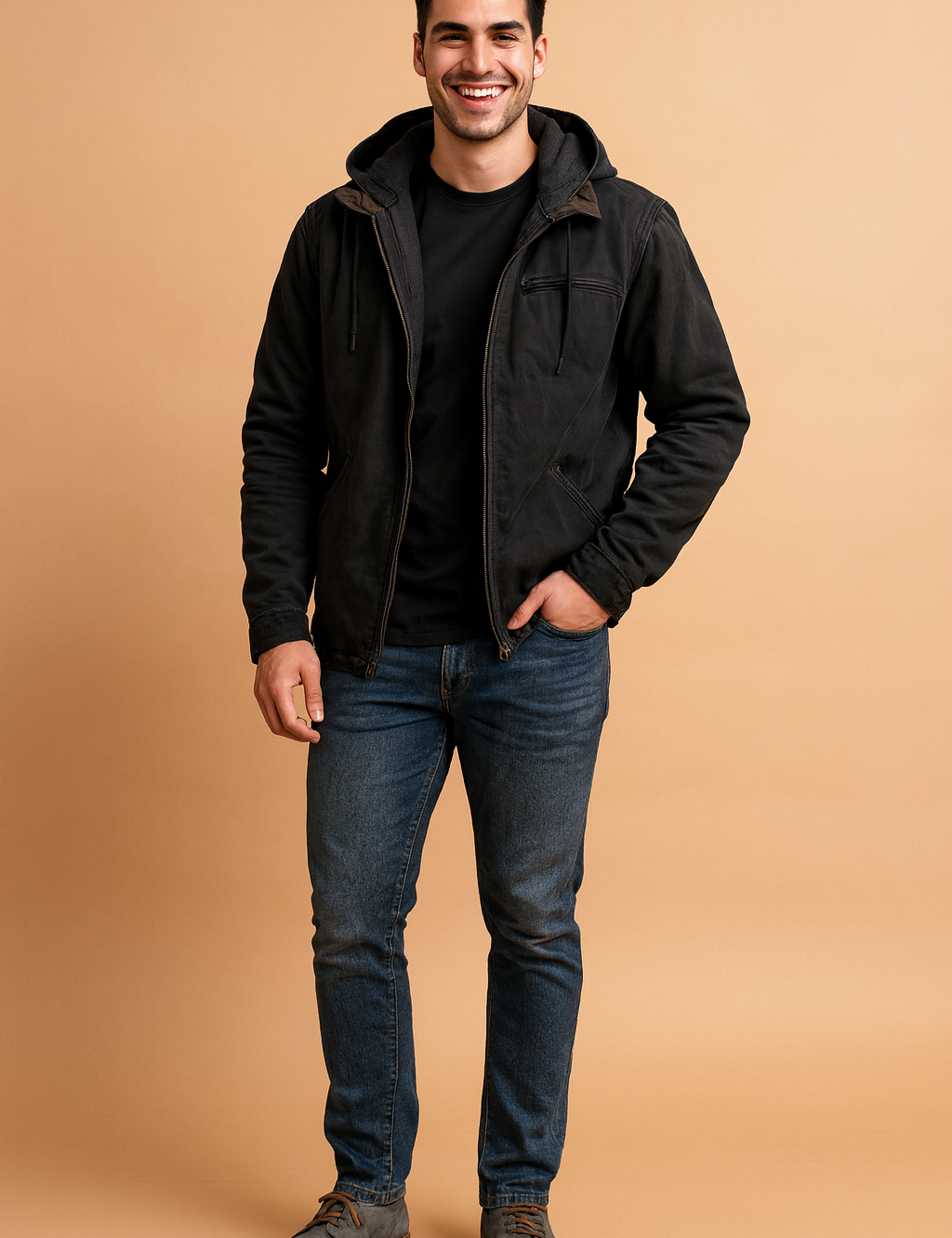 Black hooded jacket with front zip, chest pocket, and drawstring details, paired with casual denim jeans and gray lace-up shoes.
