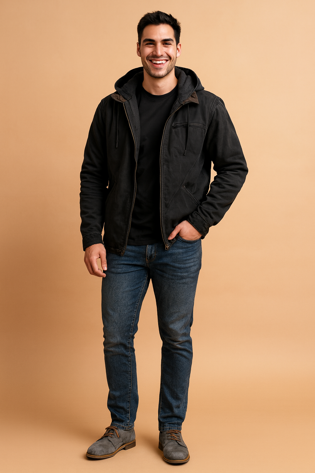 Black hooded jacket with front zip, chest pocket, and drawstring details, paired with casual denim jeans and gray lace-up shoes.