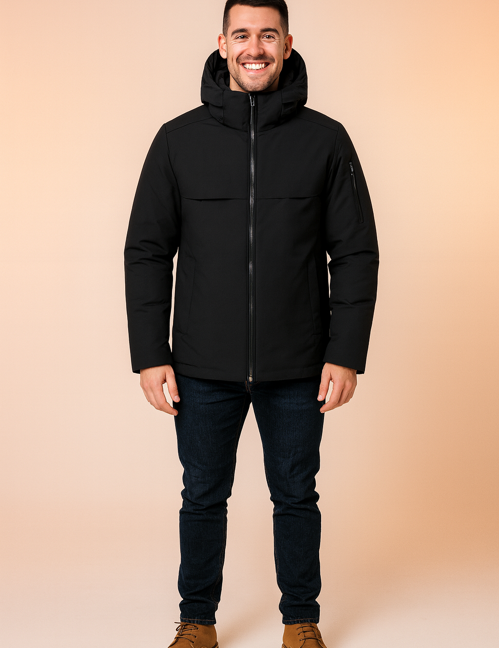 Black hooded men's jacket with full front zipper, sleek minimalist design, and zippered sleeve pocket.