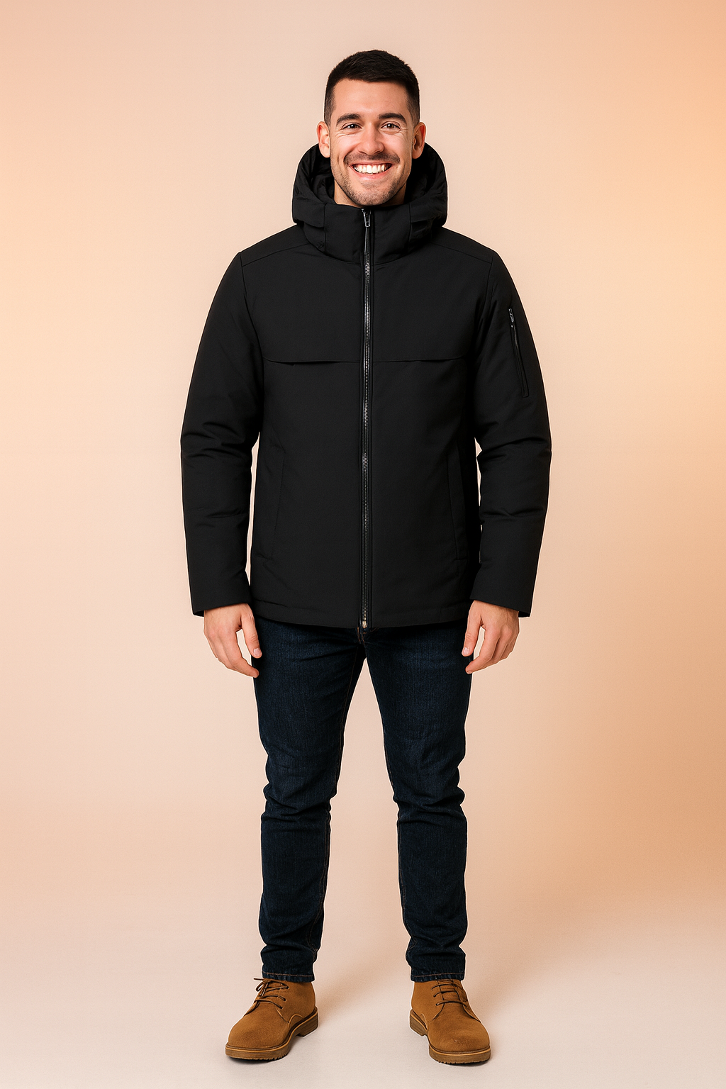Black hooded men's jacket with full front zipper, sleek minimalist design, and zippered sleeve pocket.