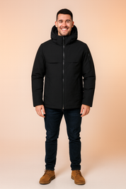 Black hooded men's jacket with full front zipper, sleek minimalist design, and zippered sleeve pocket.
