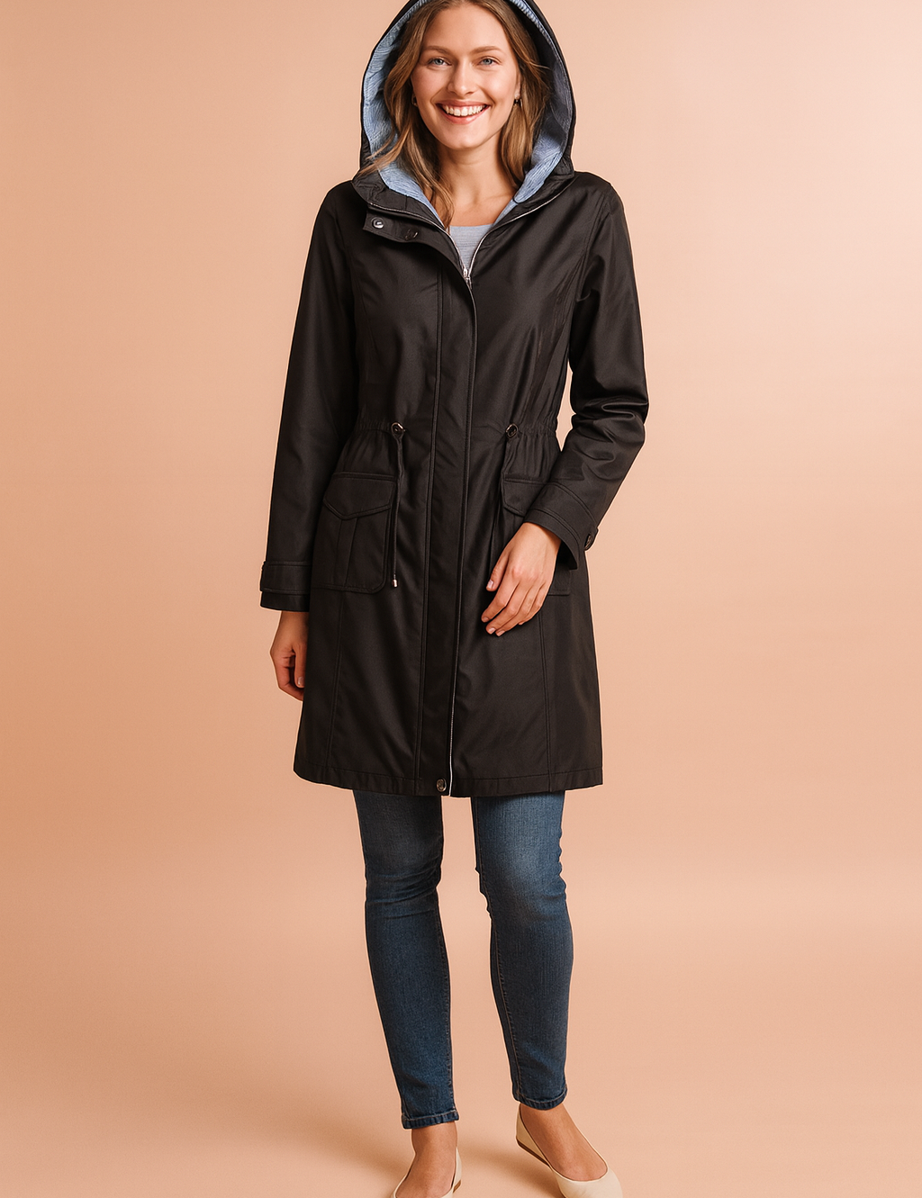Black hooded raincoat with striped inner lining, front zipper closure, adjustable waist drawstring, flap pockets, and buttoned cuffs, styled with slim-fit blue jeans and cream flats.