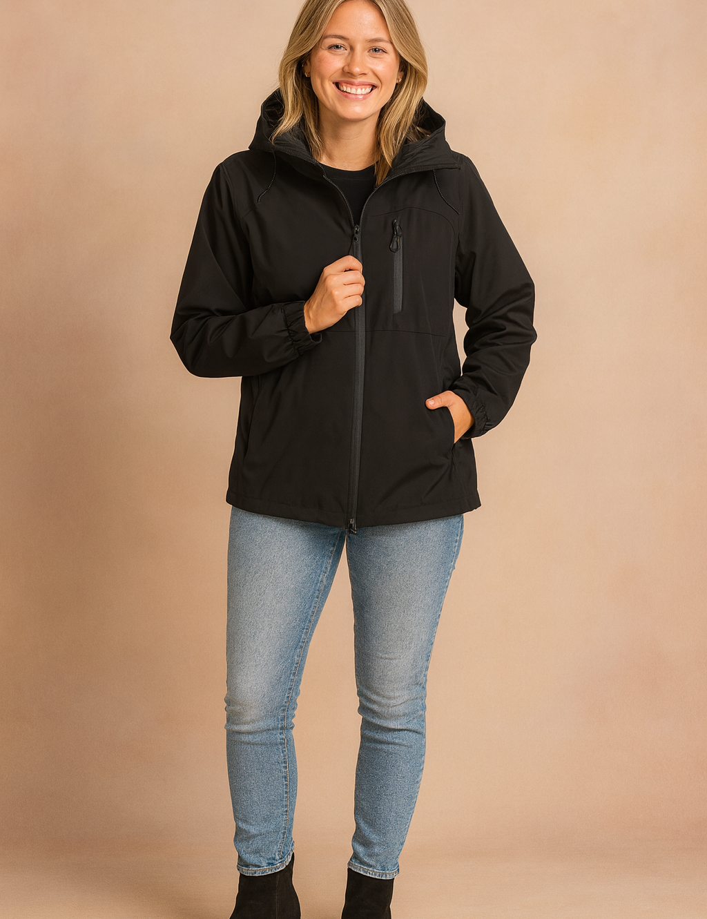 Black hooded zip-up jacket with chest pocket detail, styled with light blue slim-fit jeans and black ankle boots.