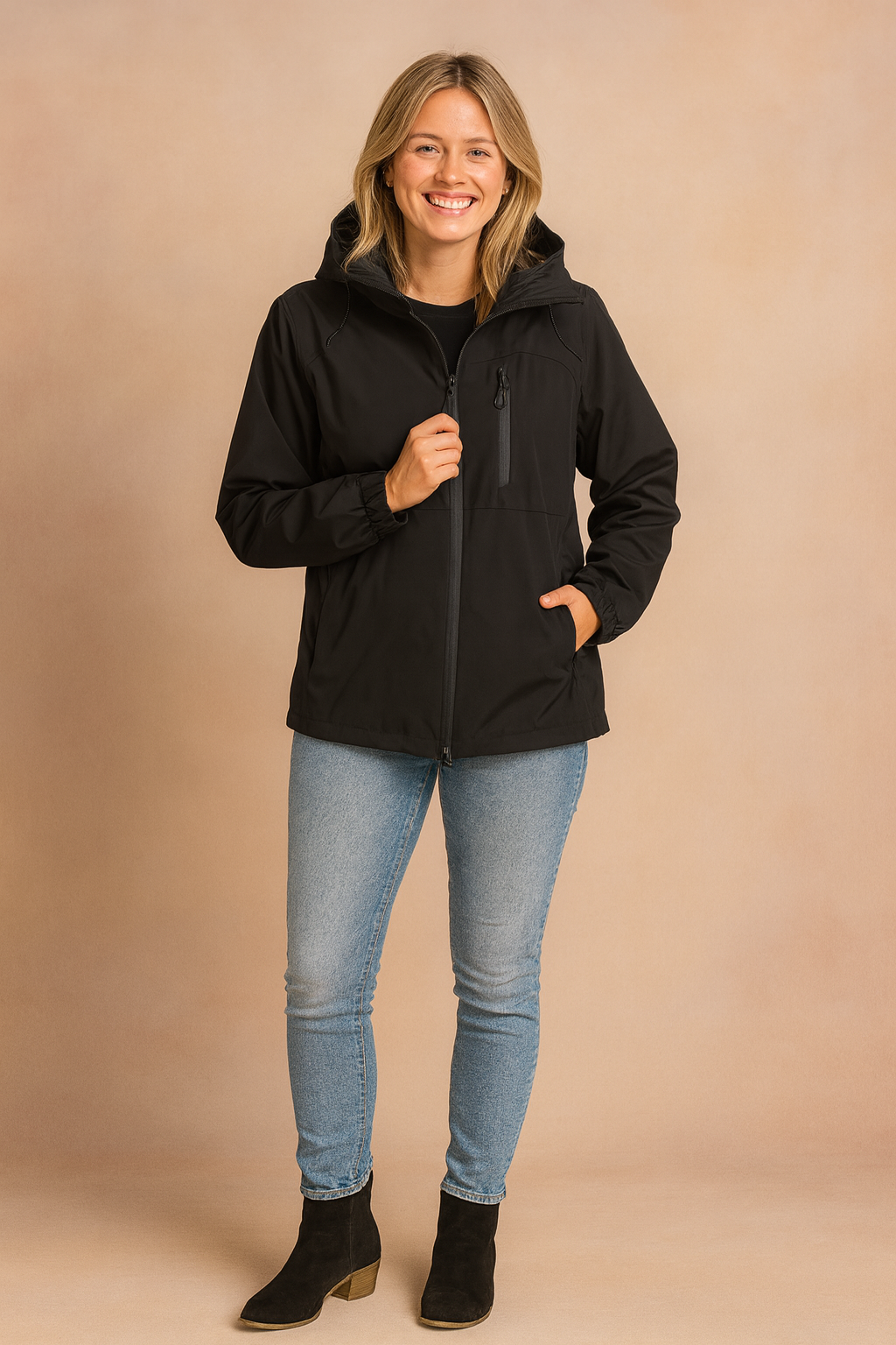 Black hooded zip-up jacket with chest pocket detail, styled with light blue slim-fit jeans and black ankle boots.