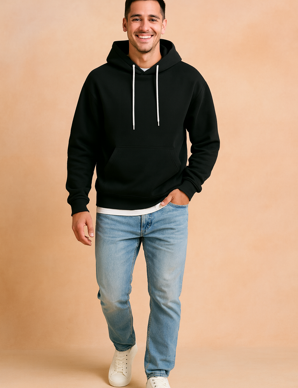 Black hoodie with white drawstrings, paired with light blue jeans and white sneakers, styled in a casual modern fit.