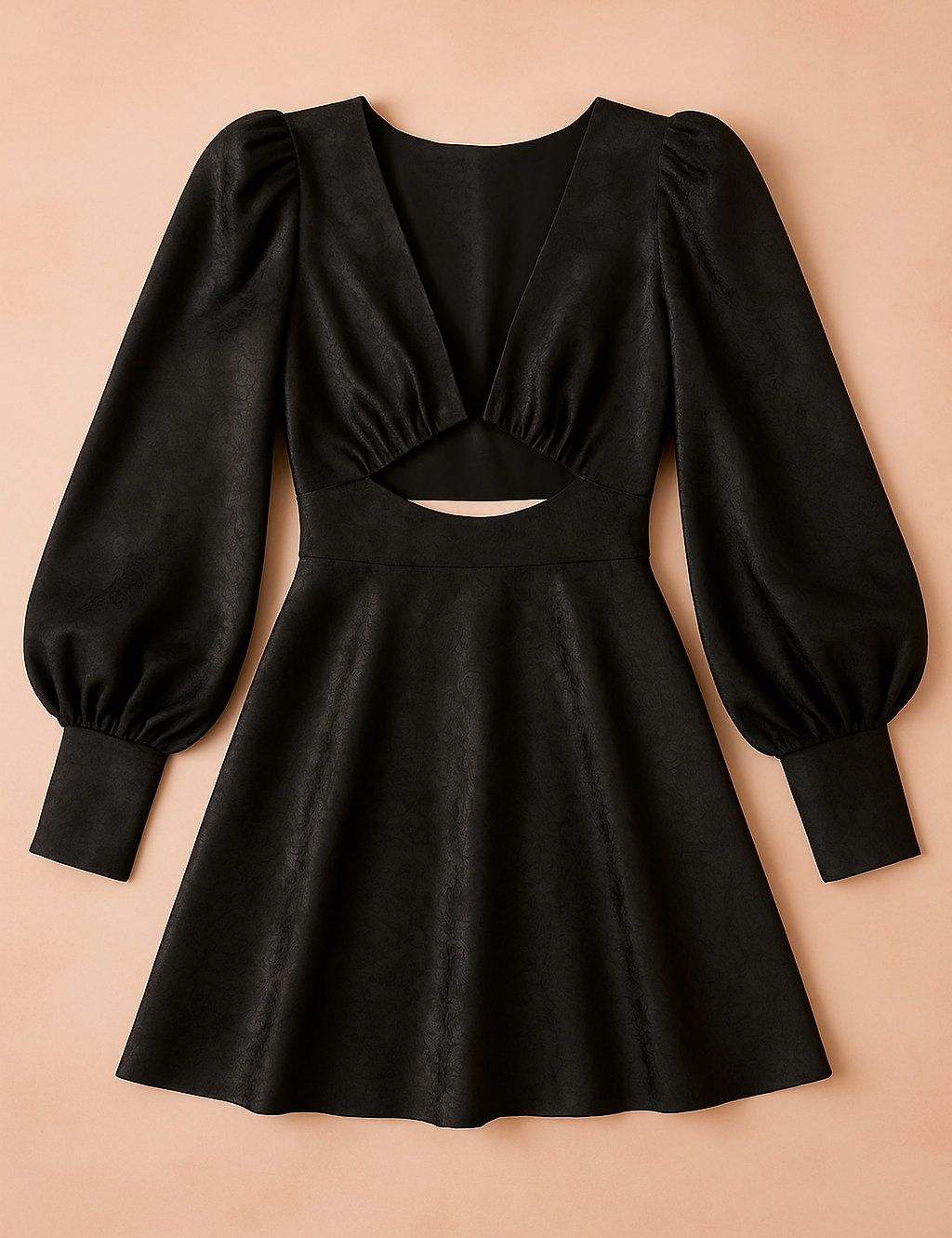 Flat lay of a black jacquard mini dress with puff sleeves, waist cutout, and floral brocade texture on a warm sand-colored background.