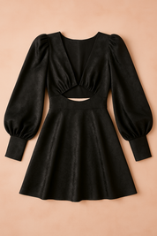Flat lay of a black jacquard mini dress with puff sleeves, waist cutout, and floral brocade texture on a warm sand-colored background.