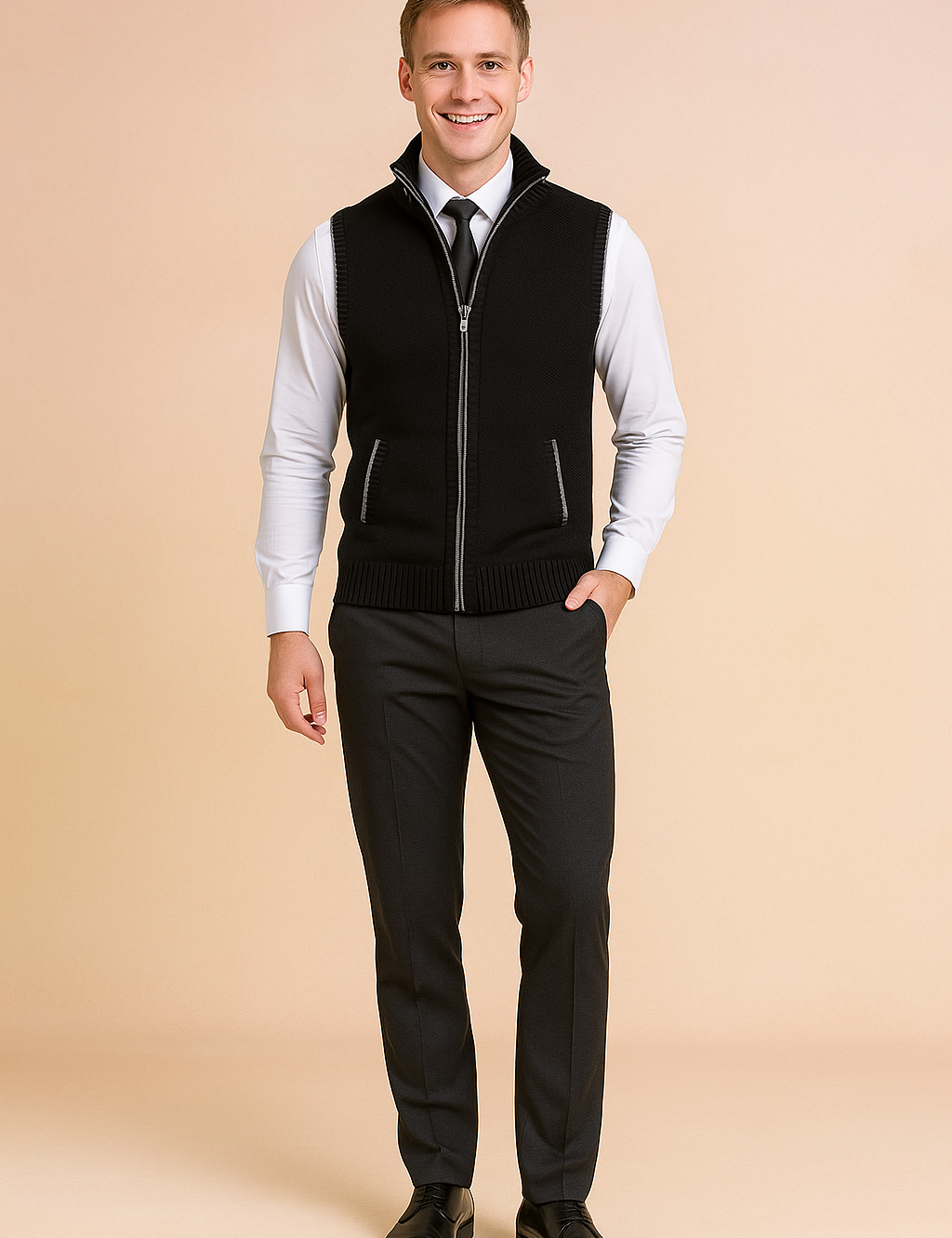 Black zip-up knitted vest with ribbed hem and pockets, layered over a crisp white dress shirt and paired with a black tie and tailored dark trousers.