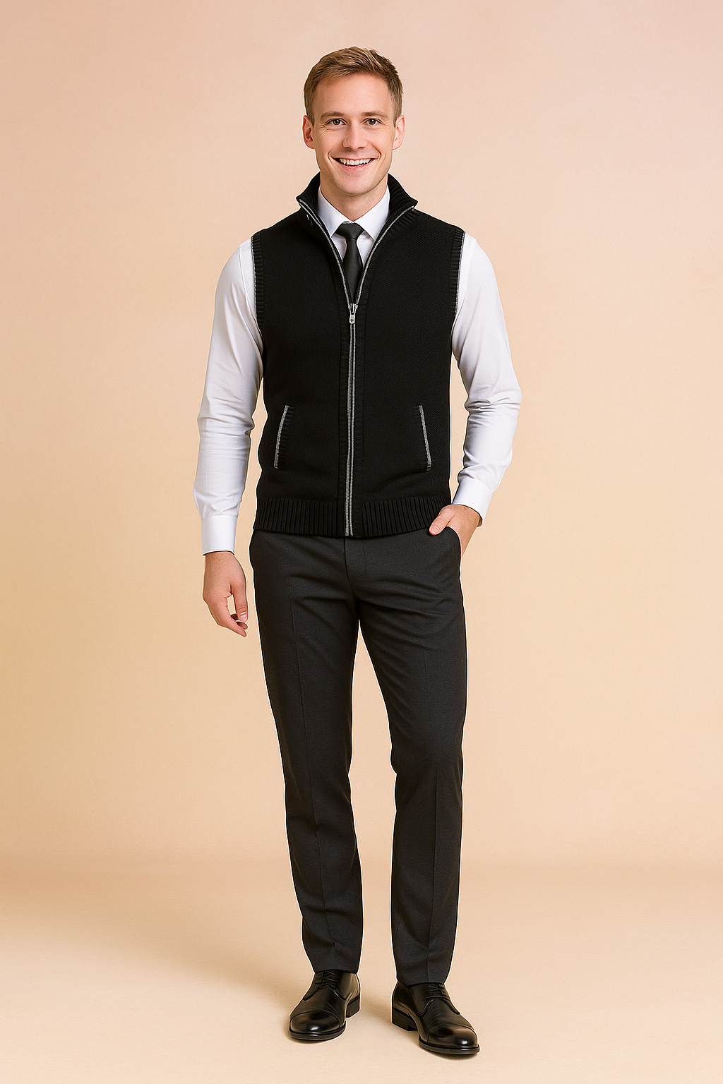 Black zip-up knitted vest with ribbed hem and pockets, layered over a crisp white dress shirt and paired with a black tie and tailored dark trousers.