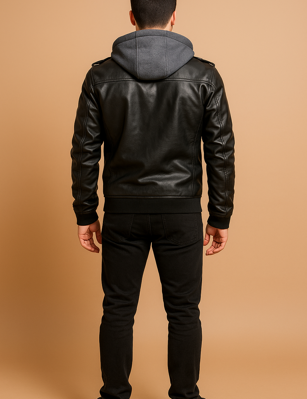 Back view of a black leather biker jacket with gray hood insert, ribbed hem and cuffs, and shoulder epaulets, styled with black trousers and sneakers.