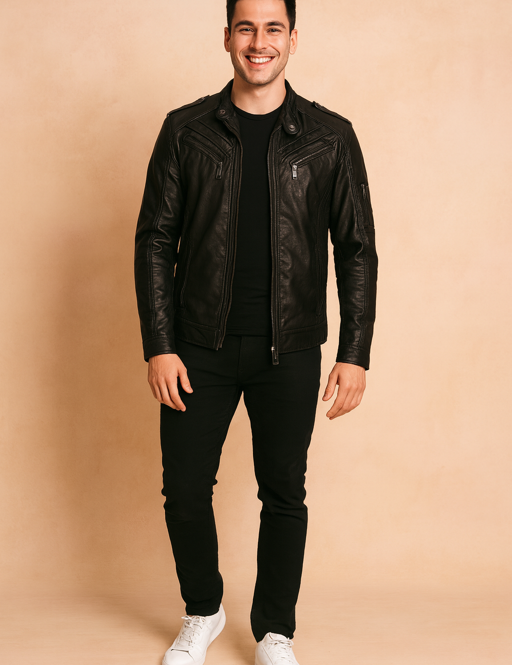 Black leather biker jacket with multiple zip pockets, quilted shoulder panels, and a sleek fitted cut, styled with black trousers and white sneakers.