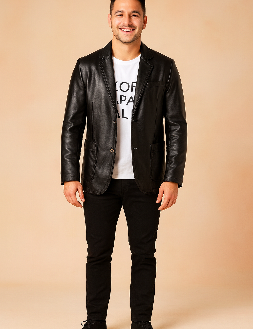 Black leather blazer jacket with button closure, front flap pockets, and sleek tailored finish, styled for a modern casual look.