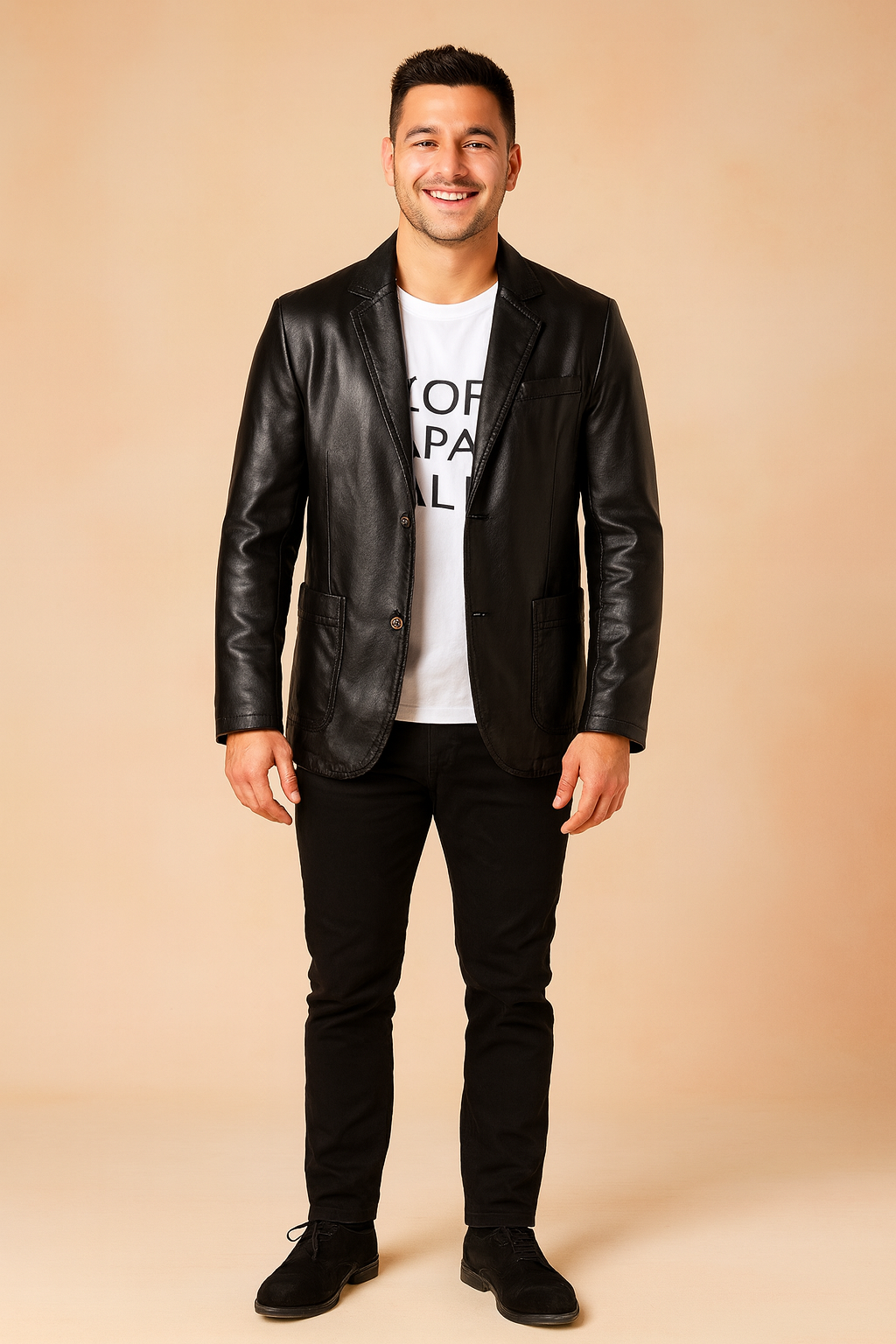 Black leather blazer jacket with button closure, front flap pockets, and sleek tailored finish, styled for a modern casual look.