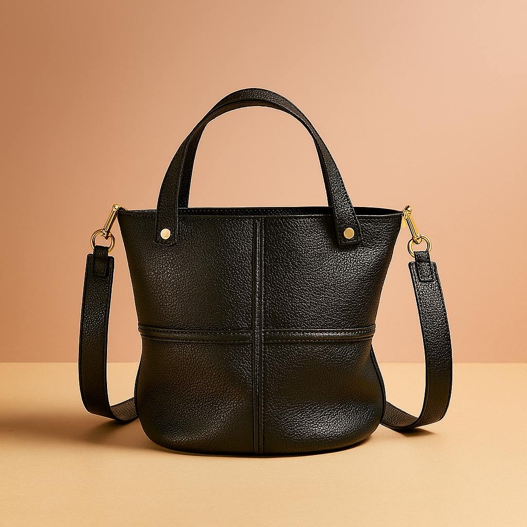 Black pebbled leather bucket bag with gold-tone hardware, structured seams, dual top handles, and detachable shoulder strap, displayed on a minimalist studio platform.