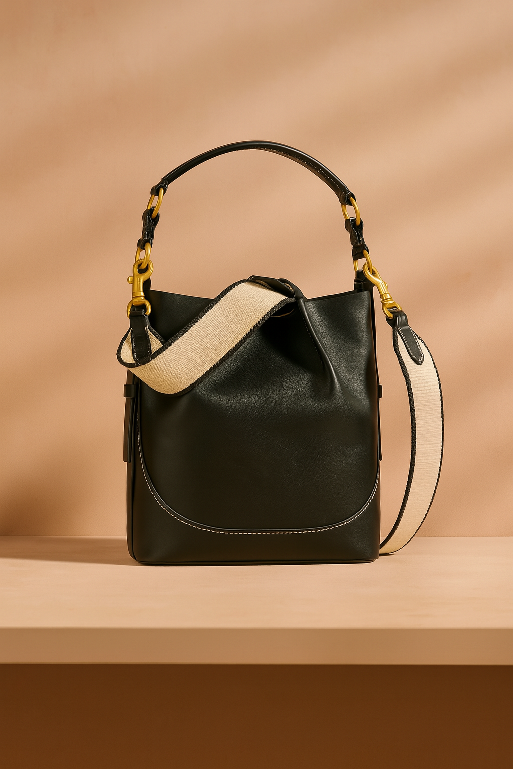 Black leather bucket bag with cream canvas strap, gold hardware, and contrast white stitching, displayed upright on a soft beige-pink gradient background.