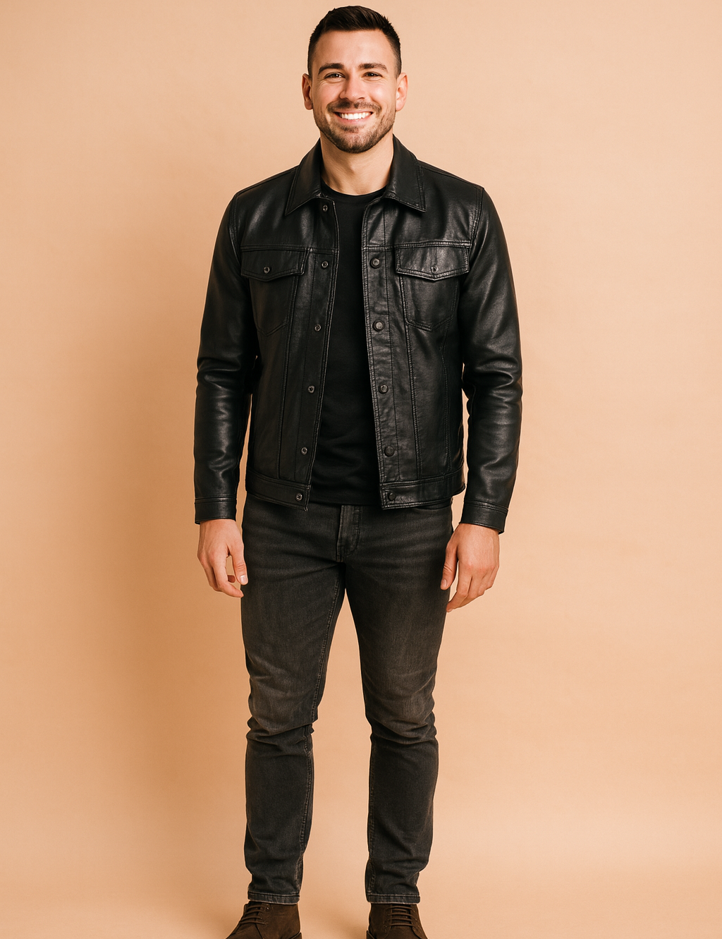 Black leather jacket with button closure, flap chest pockets, and tailored fit, styled in a modern casual look.