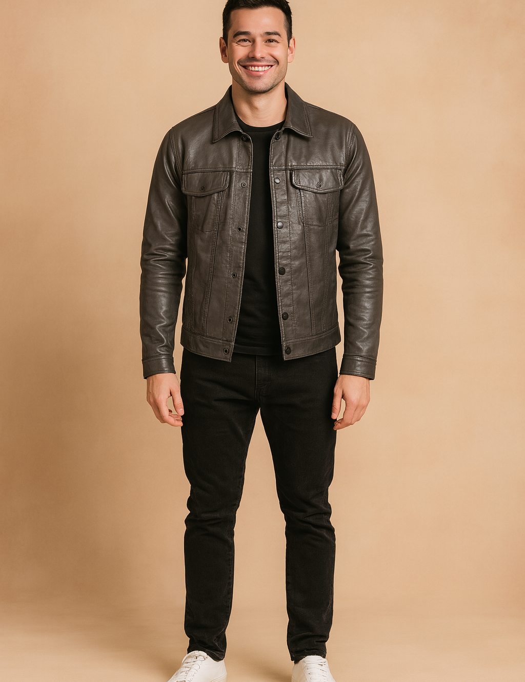 Black leather button-up jacket with flap chest pockets and sleek tailored fit, styled with black trousers and white sneakers.