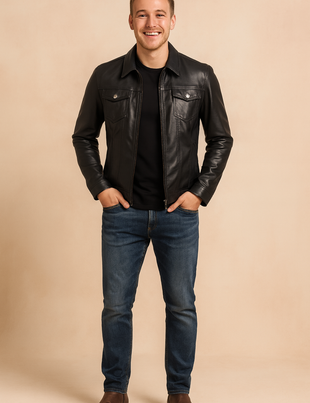Black leather jacket with zip closure, chest flap pockets with snap buttons, and tailored stitching for a sleek modern look.