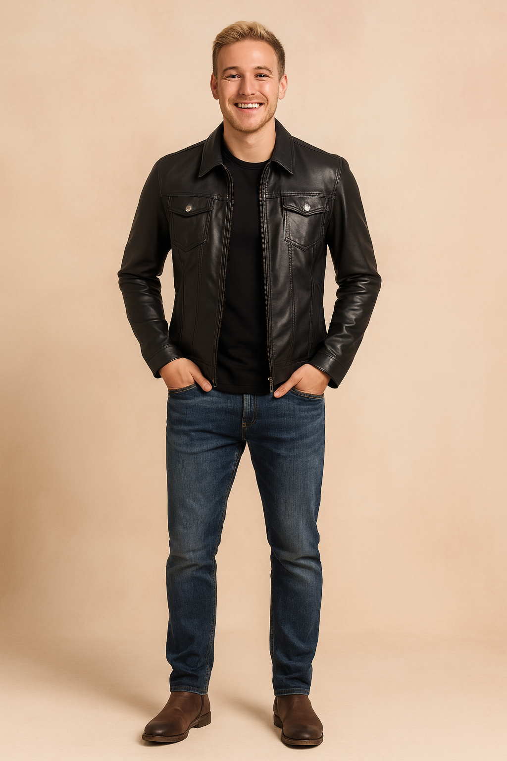 Black leather jacket with zip closure, chest flap pockets with snap buttons, and tailored stitching for a sleek modern look.