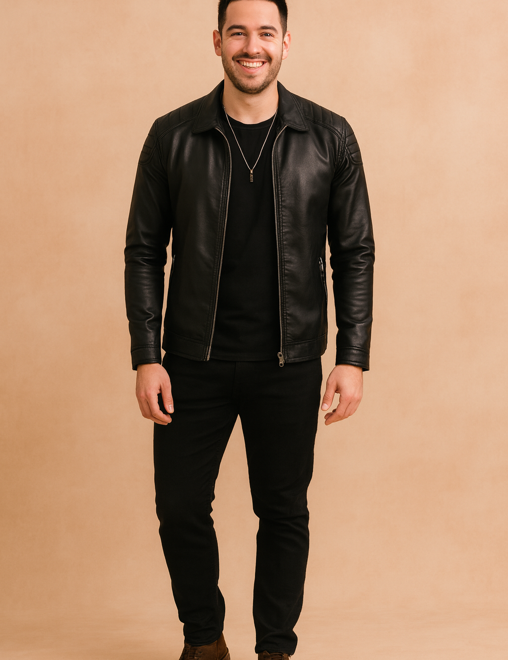 Black leather jacket with quilted shoulder stitching, front zipper closure, styled over a black t-shirt and paired with slim-fit jeans.