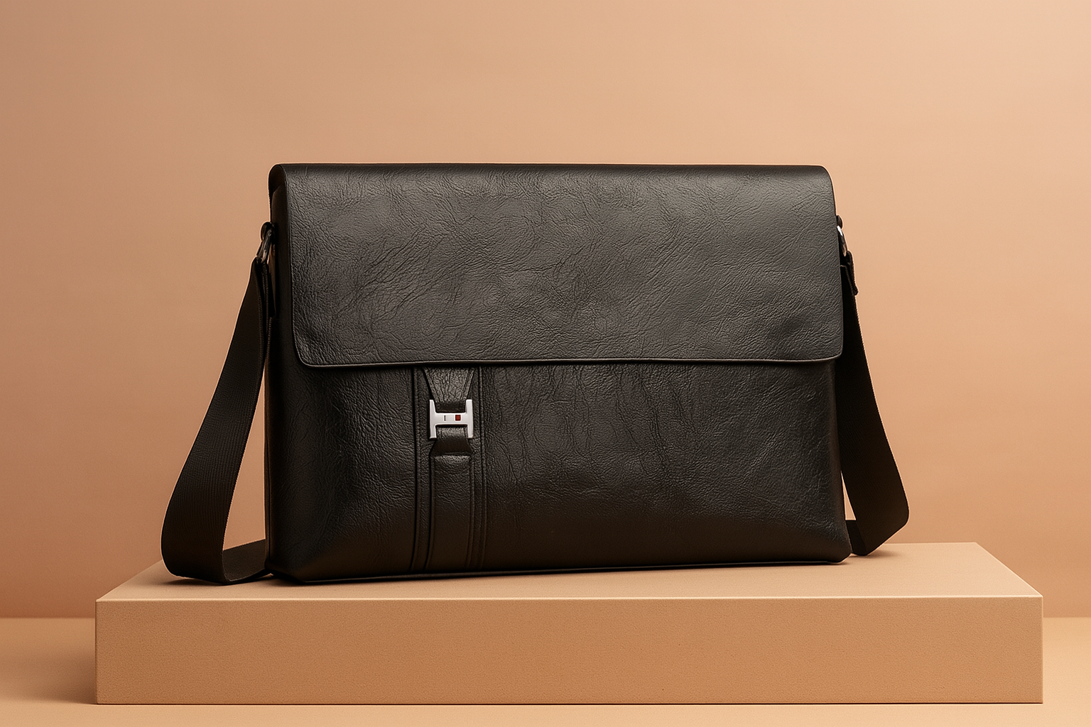 Black faux leather messenger bag with flap closure, front strap and silver H-buckle detail, displayed on a beige gradient background.