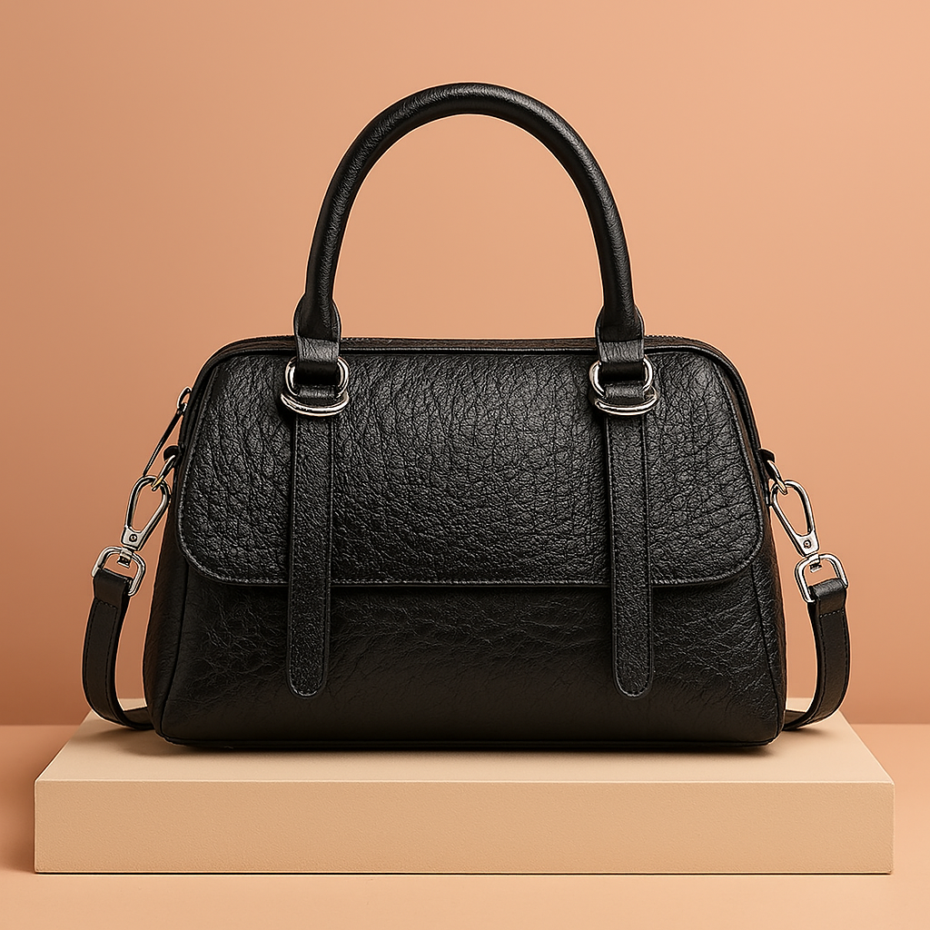 Black structured leather satchel handbag with textured finish, dual top handles, silver hardware, and detachable shoulder strap, styled on a studio platform.