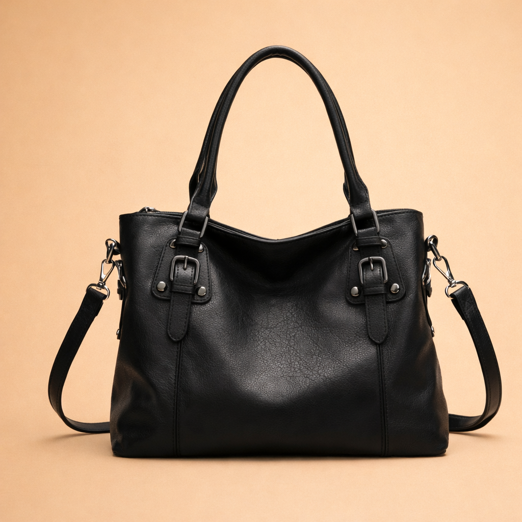 Luxury black leather tote handbag with structured silhouette, double top handles, detachable shoulder strap, and refined metal hardware for an elegant everyday look.