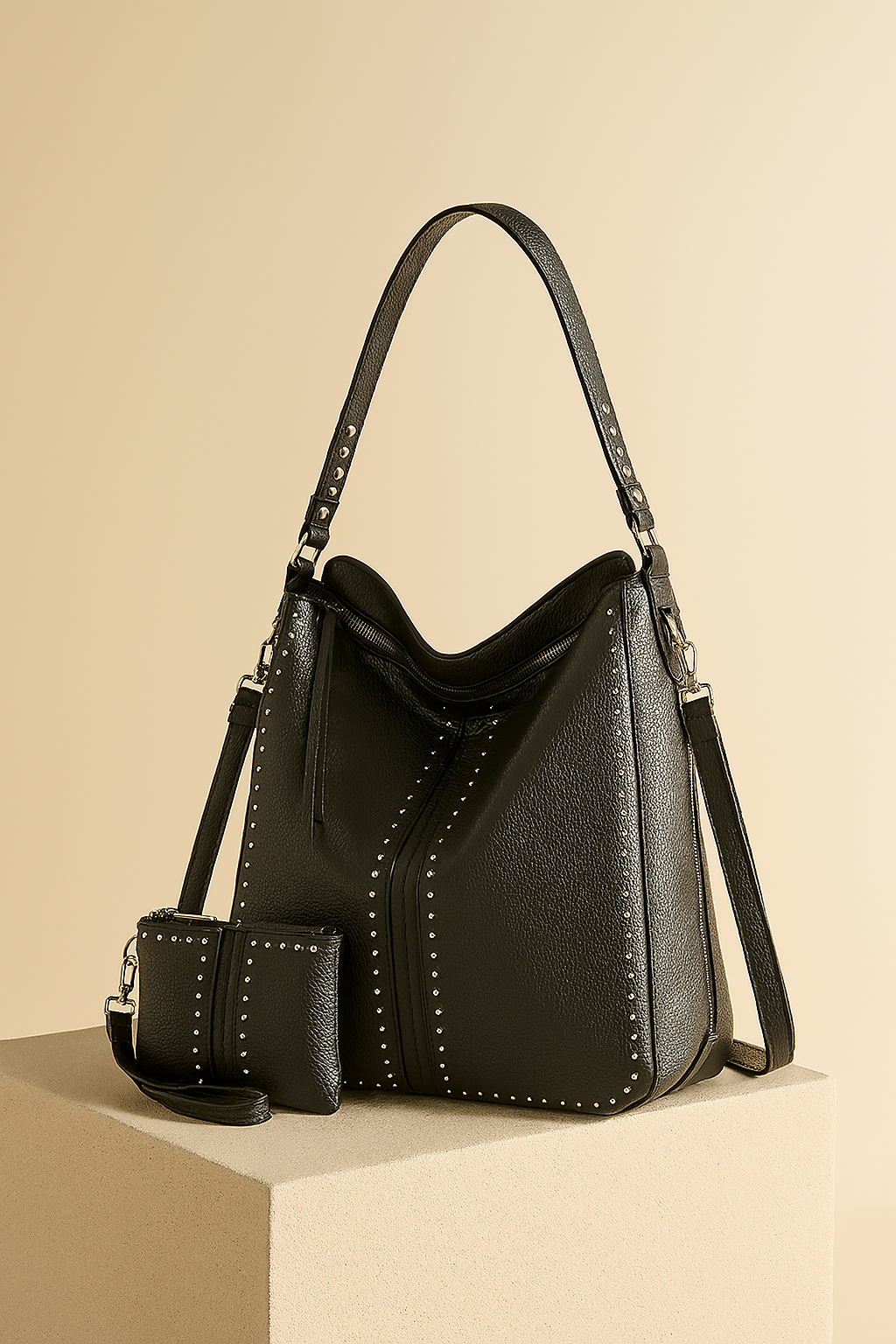 Black pebbled leather hobo bag with silver stud accents, adjustable shoulder strap, and matching studded zippered pouch, styled on a textured pedestal against a softly lit warm gradient backdrop.
