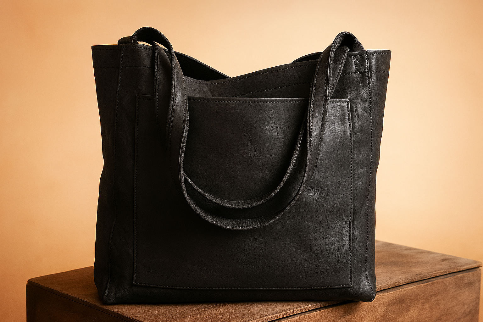 A black leather tote bag with front pocket, smooth finish, and double handles, displayed on a wooden platform.