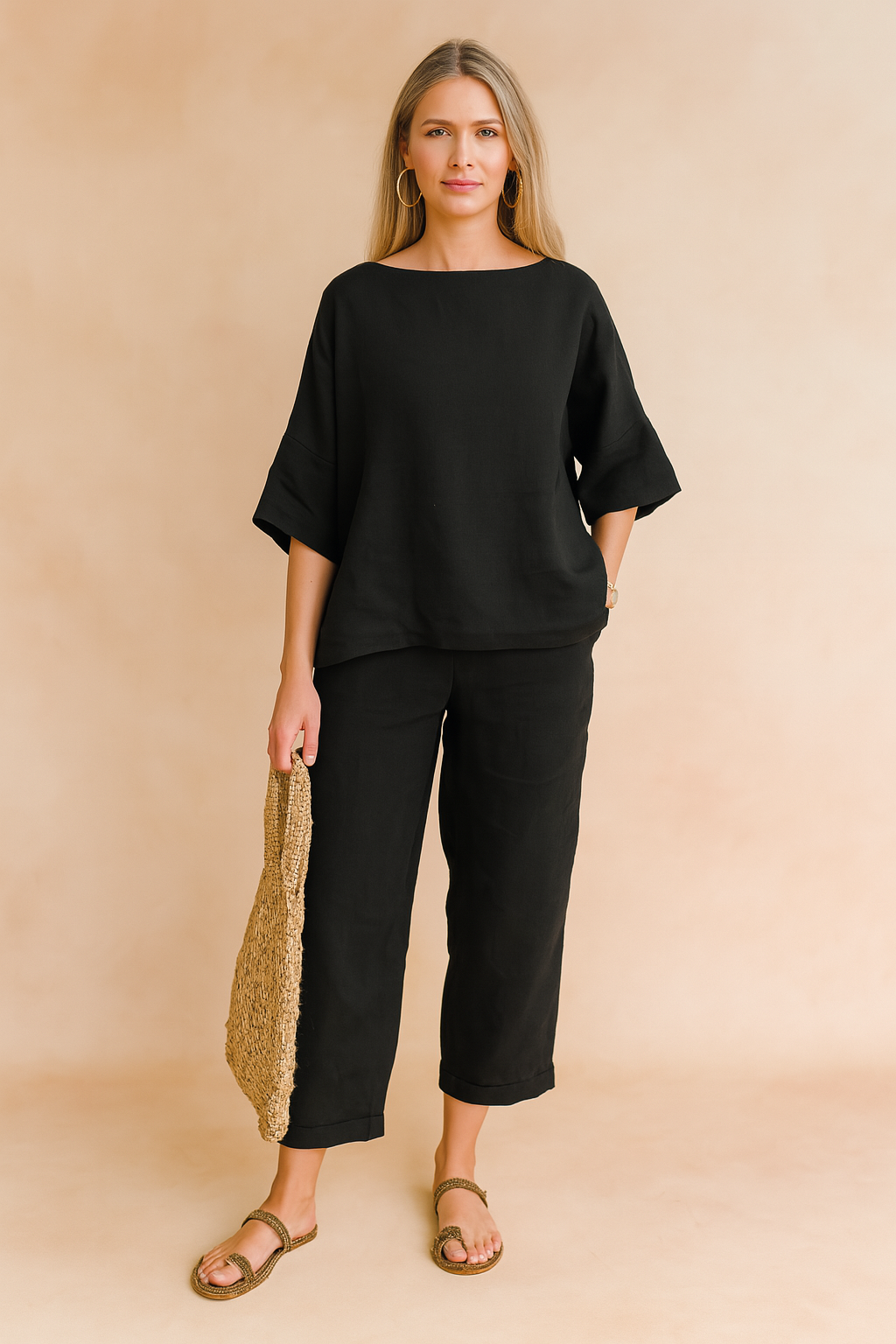 Black linen women's blouse with wide sleeves and relaxed fit, styled with matching cropped pants and woven accessories, displayed in a warm sand and pastel blush fashion shoot setting.