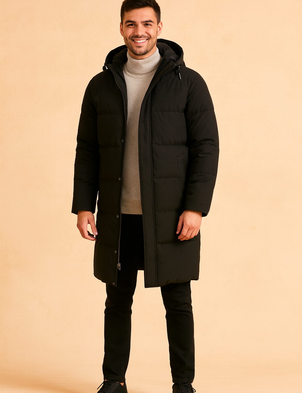 Long black puffer coat with hood, button and zipper closure, and quilted panel design over a light gray turtleneck sweater