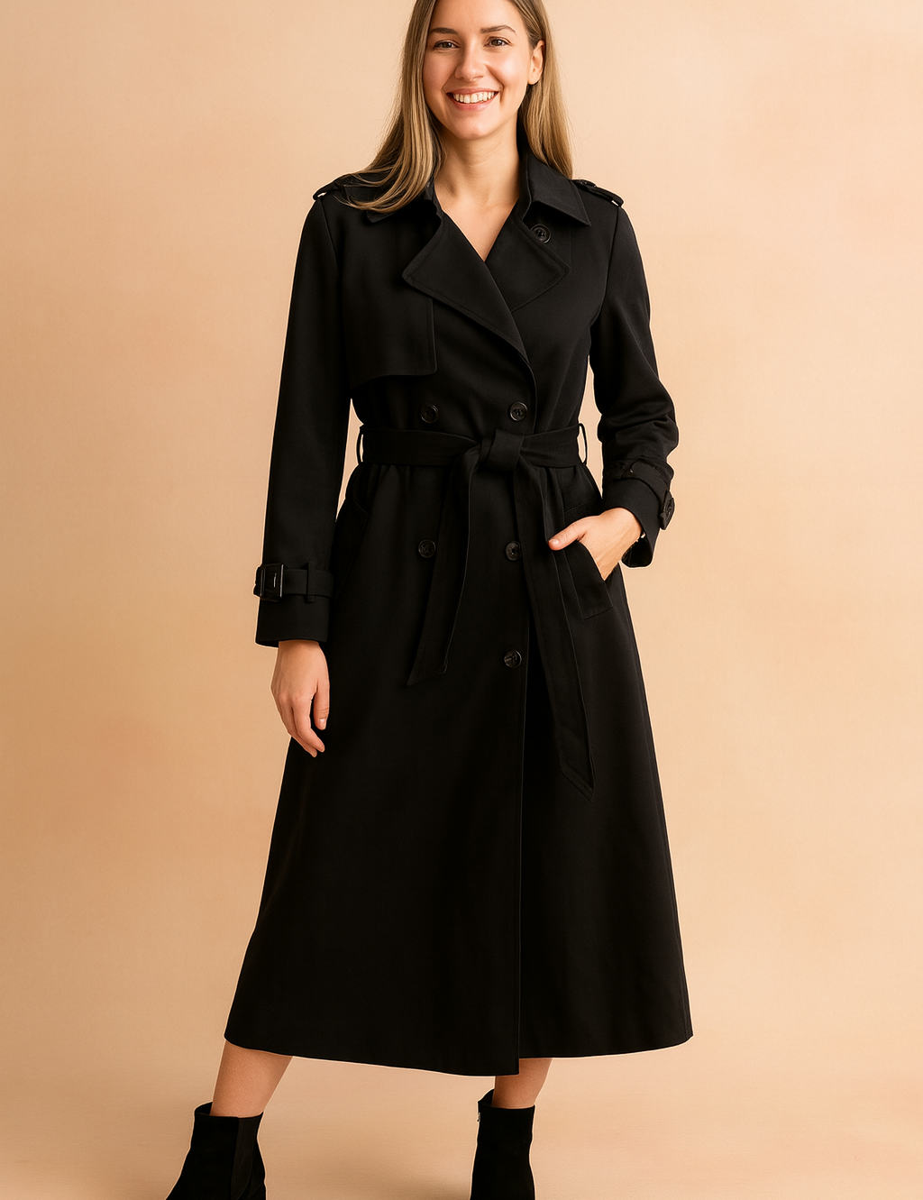 Black long trench coat with belted waist, wide lapels, epaulets, and button closure, styled with black suede ankle boots.