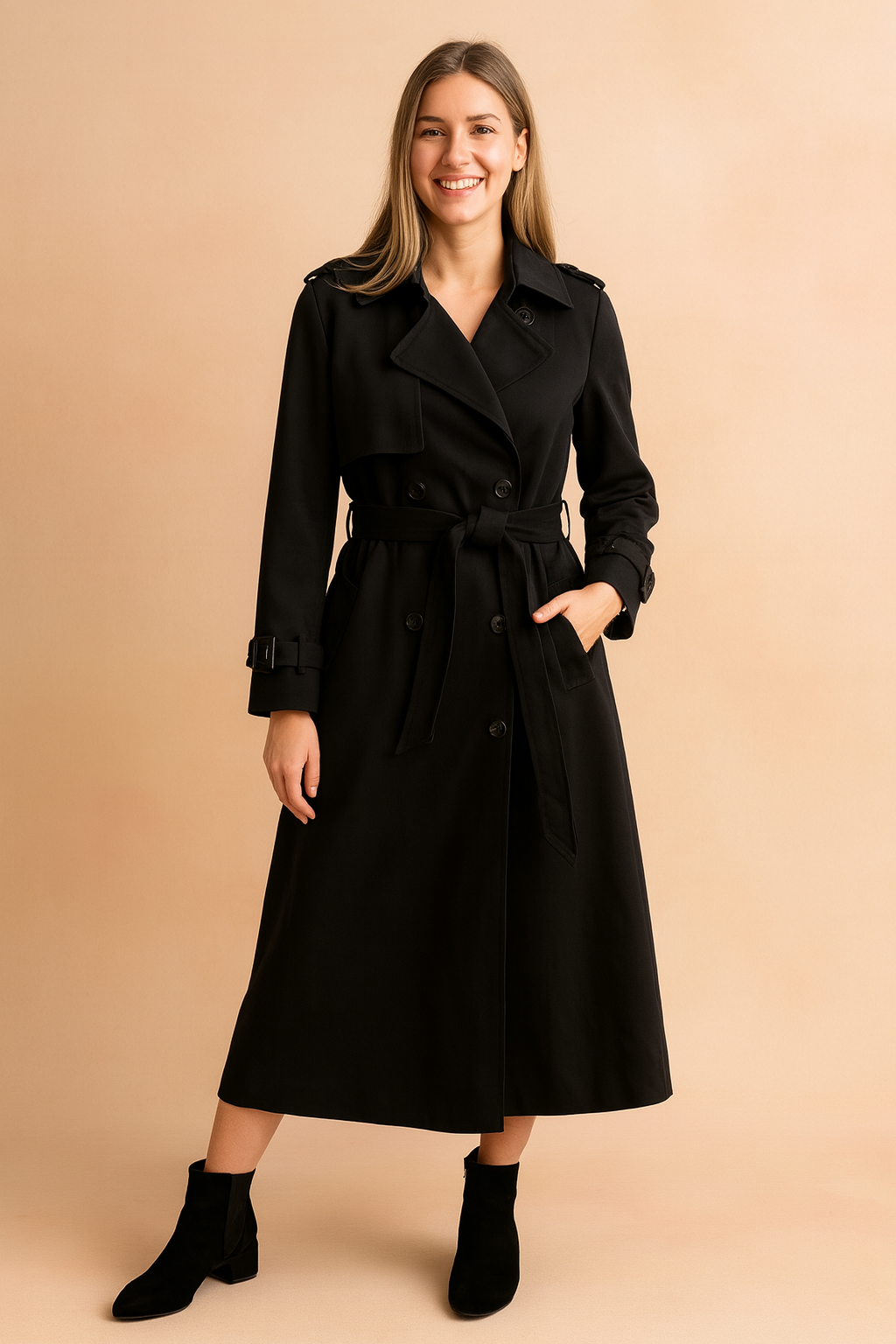 Black long trench coat with belted waist, wide lapels, epaulets, and button closure, styled with black suede ankle boots.