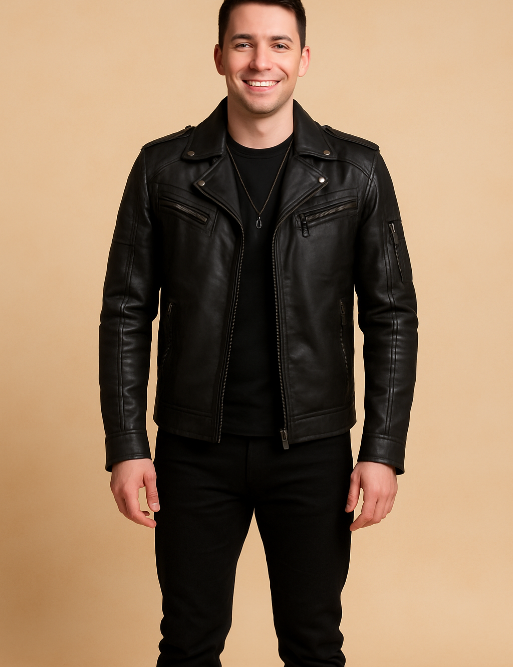 Black leather biker jacket with matte finish, zipper pockets, and shoulder details, styled with black jeans and shoes.