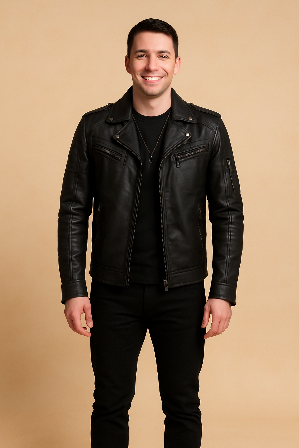 Black leather biker jacket with matte finish, zipper pockets, and shoulder details, styled with black jeans and shoes.