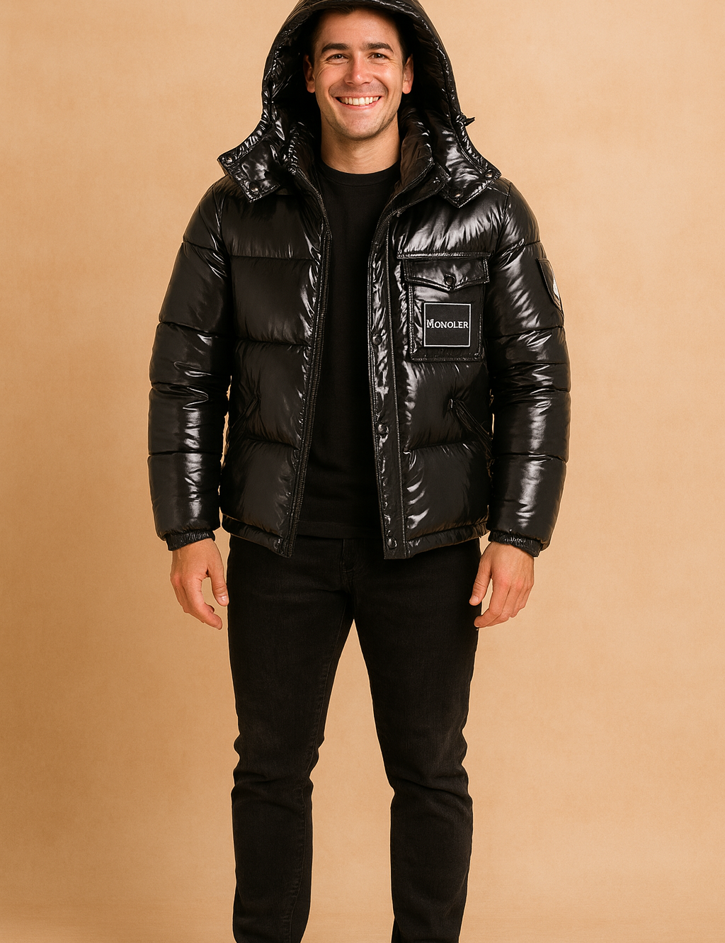 Glossy black Monoler puffer jacket with hood, front zipper, and chest logo patch, styled with black jeans and sneakers.