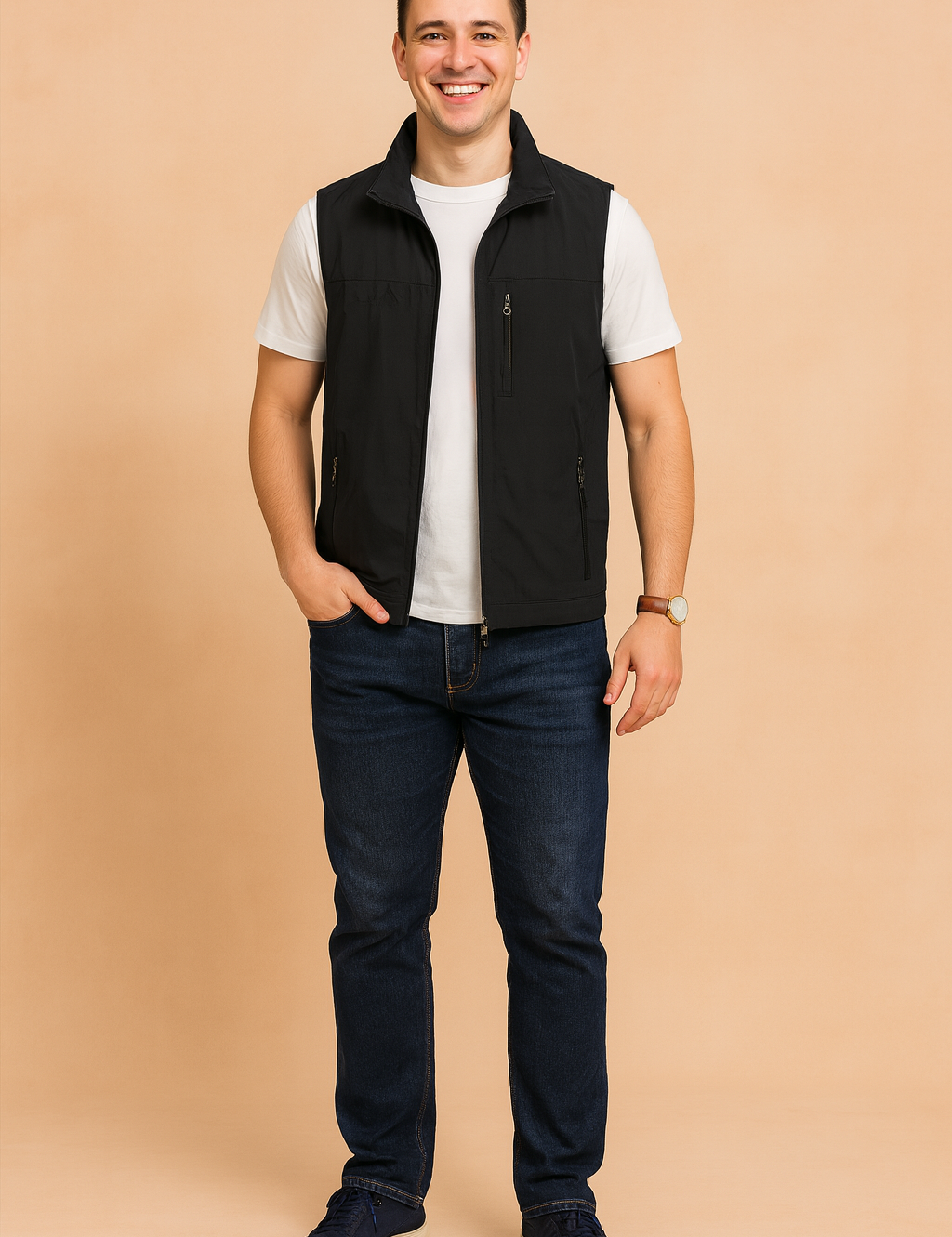 Men’s casual black outdoor sleeveless vest with multiple zippered pockets, styled over a white t-shirt and paired with dark jeans for a modern and practical look.