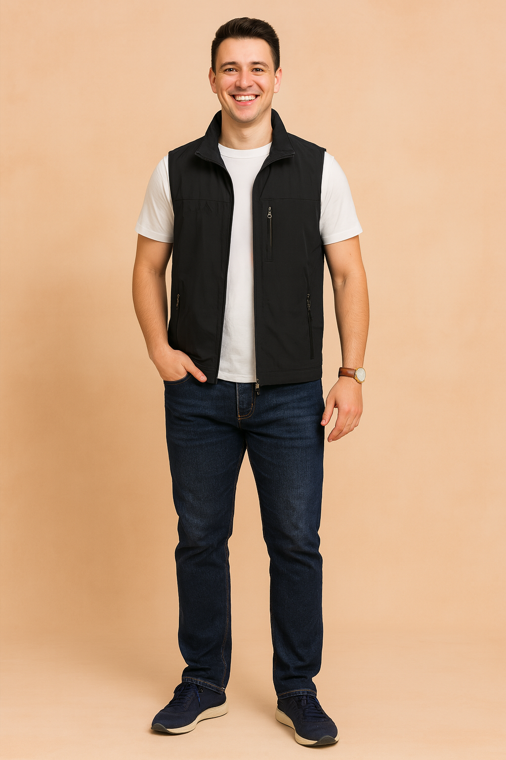 Men’s casual black outdoor sleeveless vest with multiple zippered pockets, styled over a white t-shirt and paired with dark jeans for a modern and practical look.