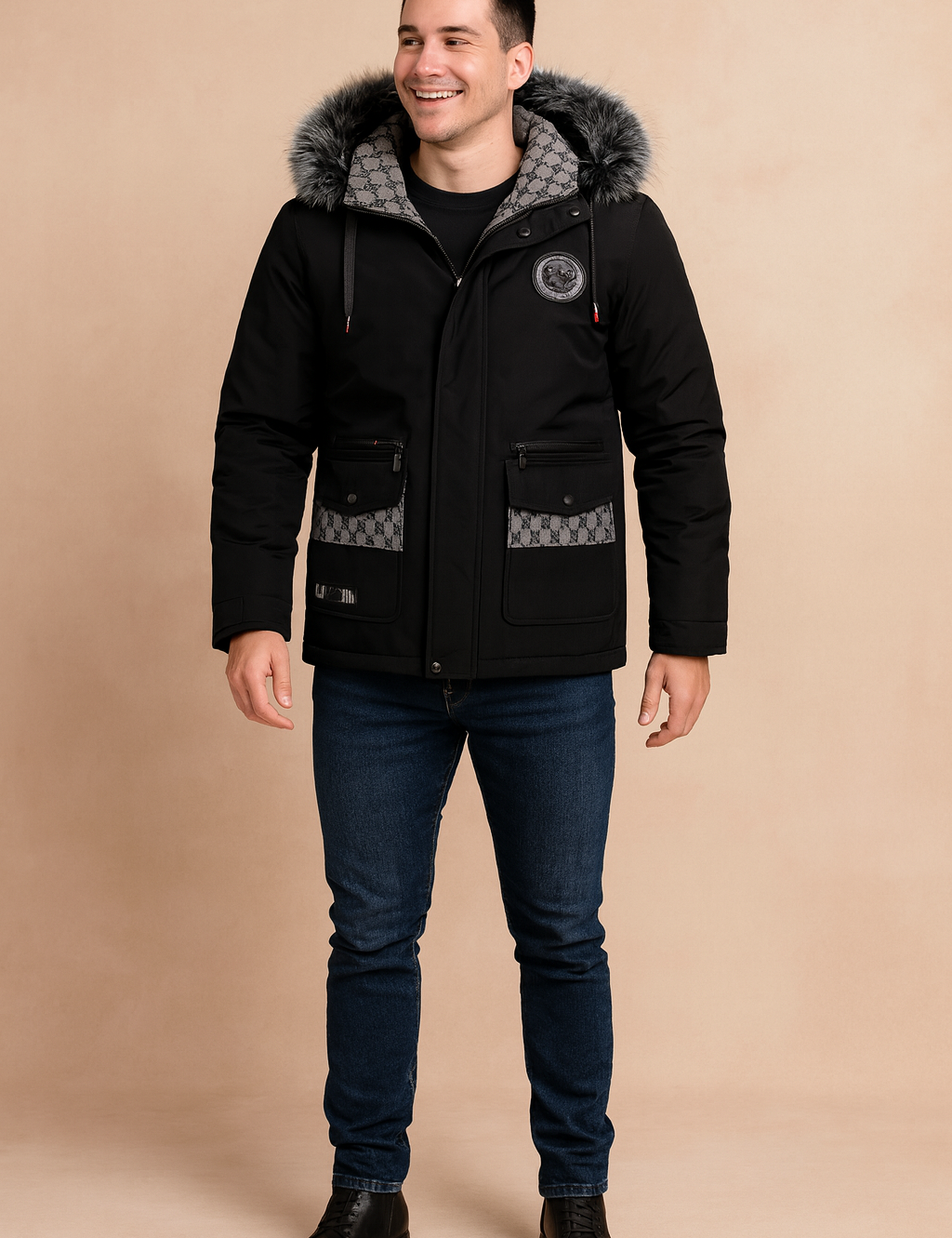 Black winter parka with faux fur-trimmed hood, patterned grey lining, multiple flap and zippered pockets, and embroidered chest patch, styled in a modern fit.