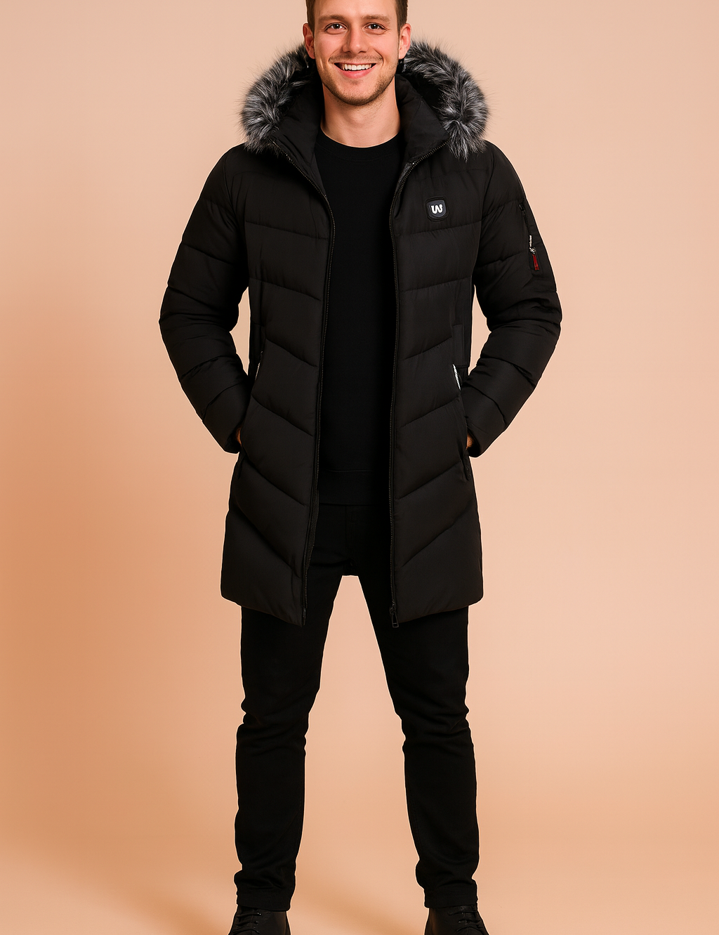 Men’s black quilted parka jacket with faux fur hood trim, diagonal stitching, multiple zipper pockets including red zip detail, and full-length insulated design for winter wear.