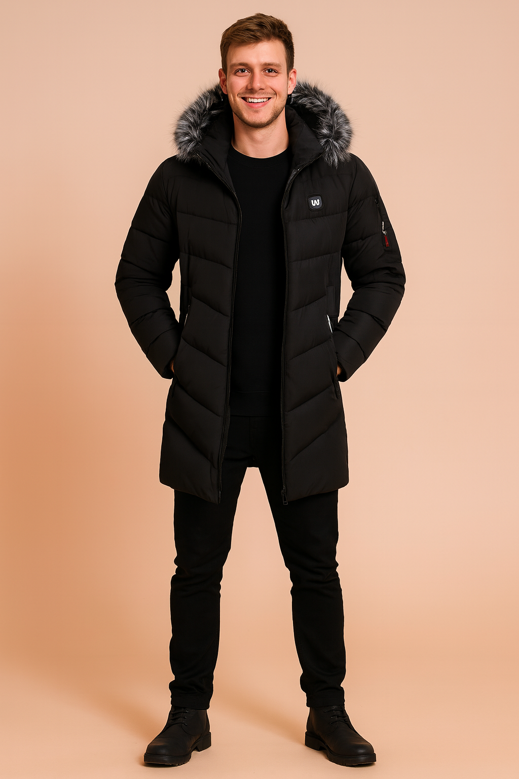 Men’s black quilted parka jacket with faux fur hood trim, diagonal stitching, multiple zipper pockets including red zip detail, and full-length insulated design for winter wear.