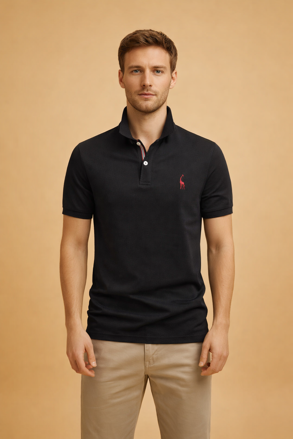 Black short-sleeve polo shirt with structured collar, two-button placket featuring subtle contrast trim, and a small embroidered chest logo, styled with tailored straight-leg trousers for a clean, modern outfit.