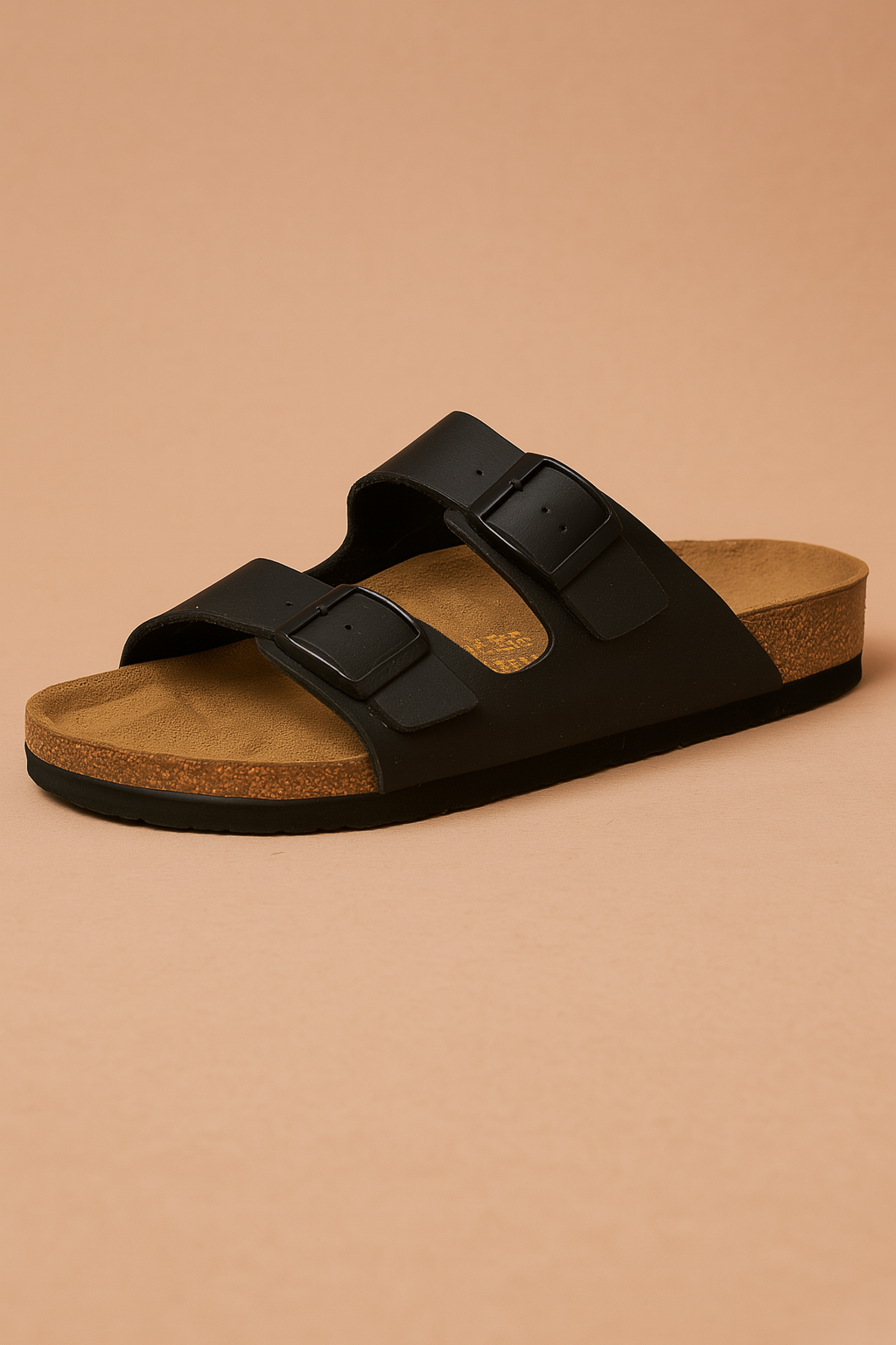  suede slip-on sandal featuring a contoured cork footbed and two wide straps with oversized brown buckles for adjustable comfort.