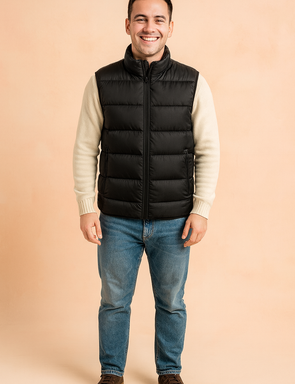 Black puffer vest for men styled with a high collar and front zipper pockets, layered over an off-white sweater for a warm, casual winter look.