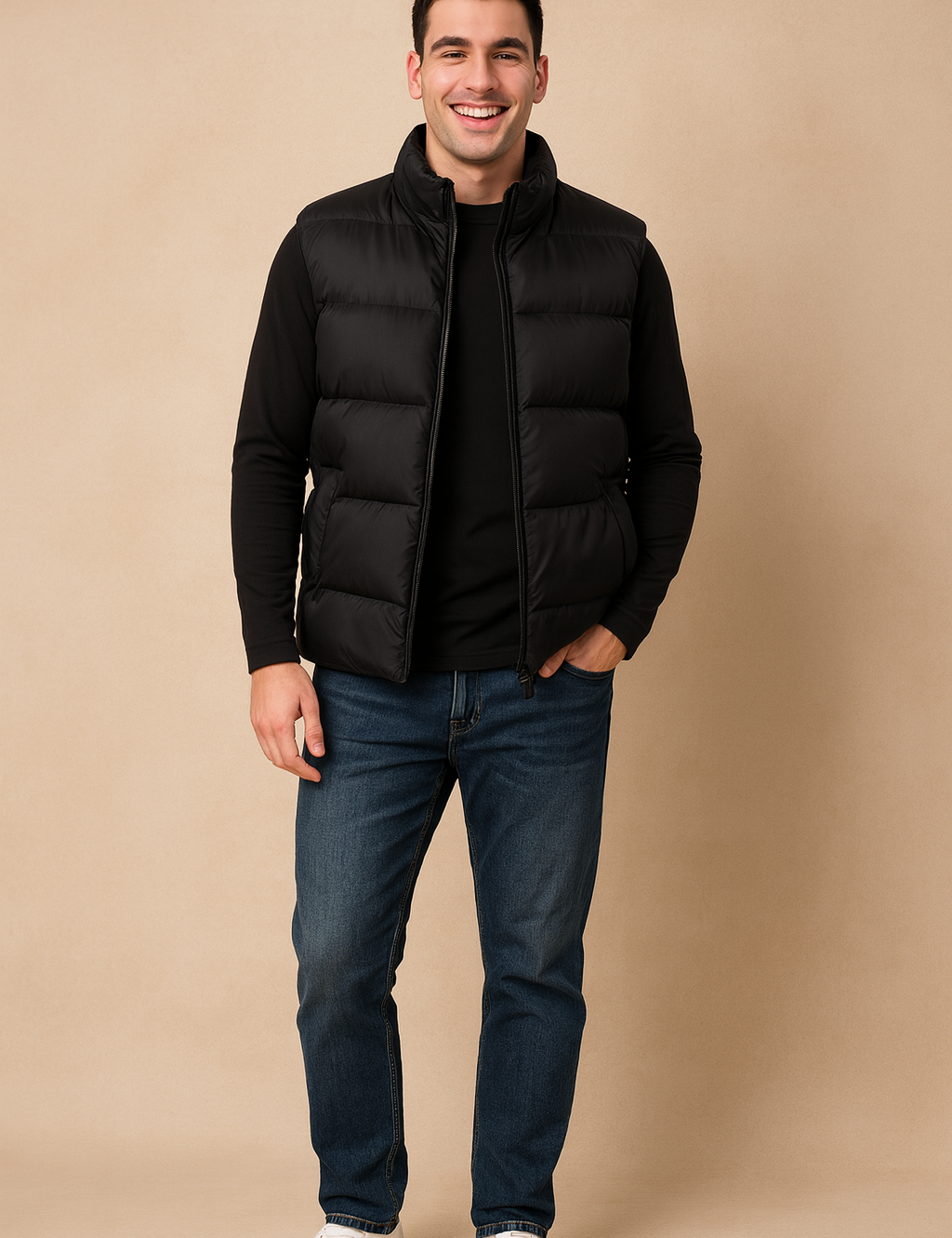 Men’s black puffer vest with zipper closure, high stand collar, and two front pockets, styled for warmth and casual wear
