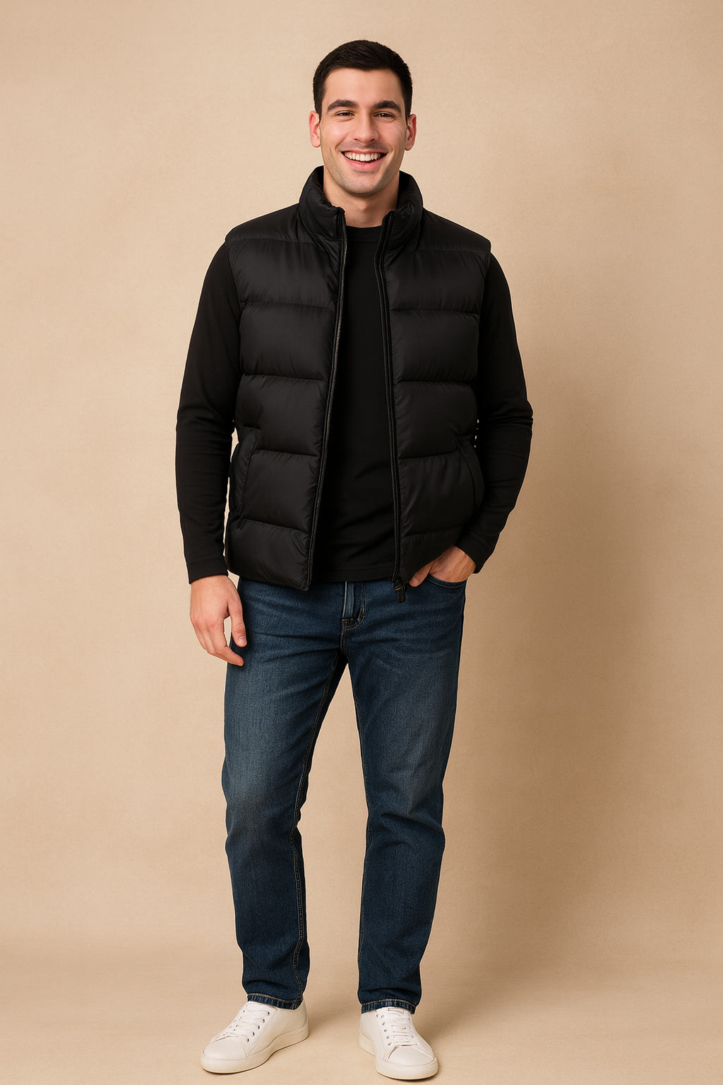 Men’s black puffer vest with zipper closure, high stand collar, and two front pockets, styled for warmth and casual wear