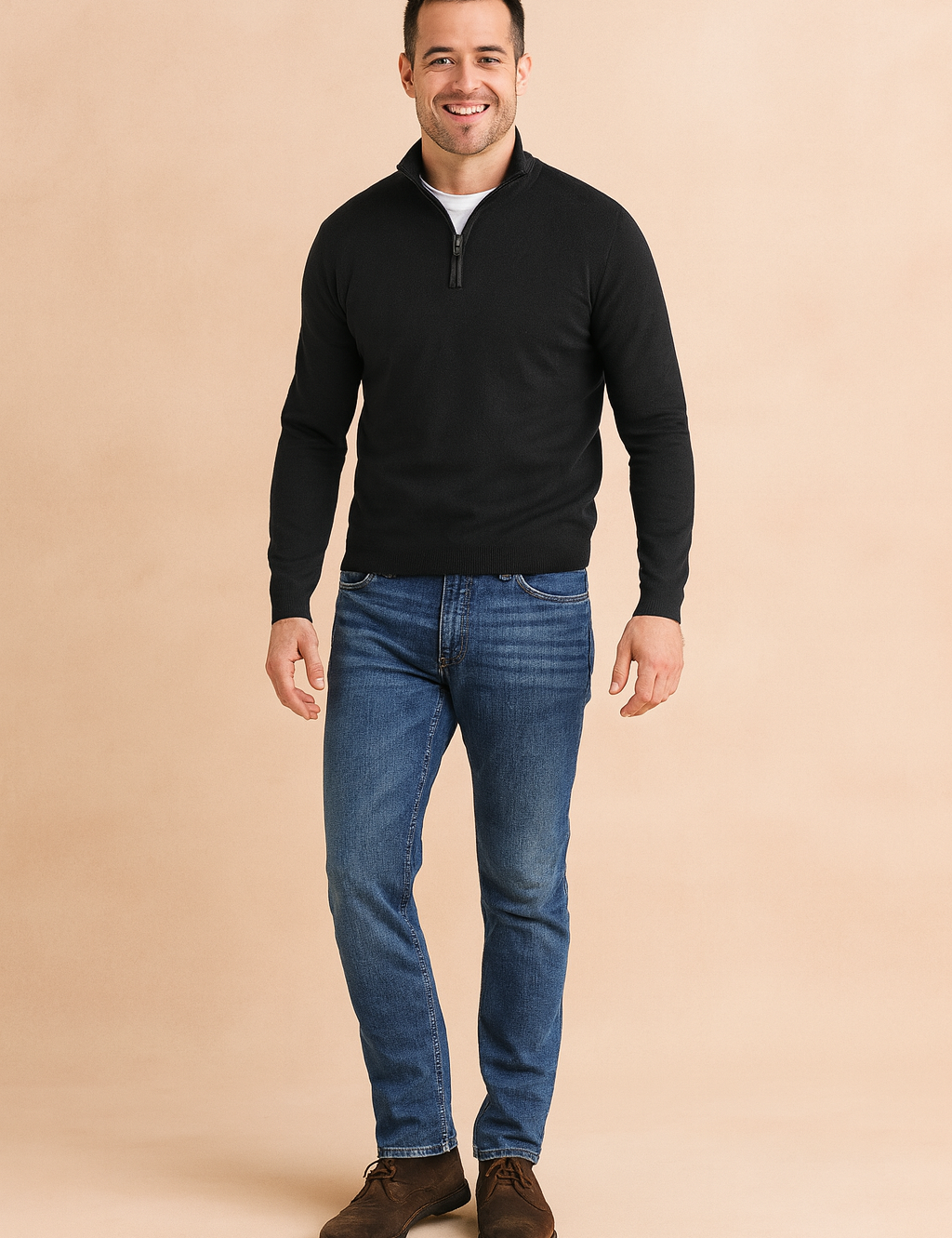 Black quarter-zip sweater with a ribbed texture, styled over a white undershirt, paired with blue jeans for a smart casual look.