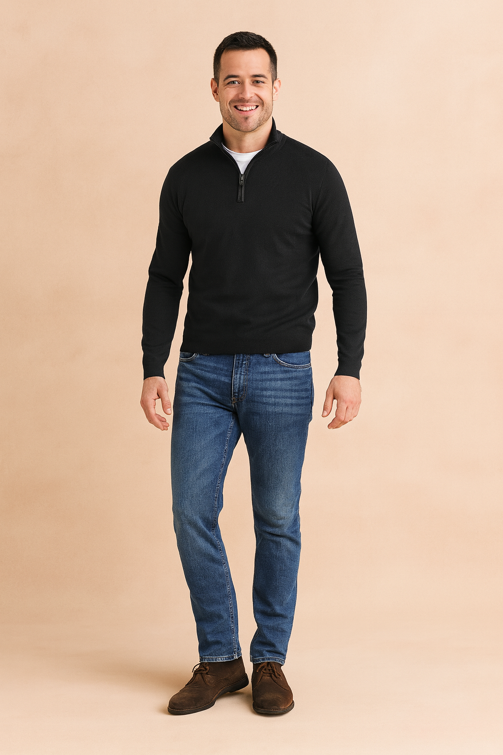 Black quarter-zip sweater with a ribbed texture, styled over a white undershirt, paired with blue jeans for a smart casual look.