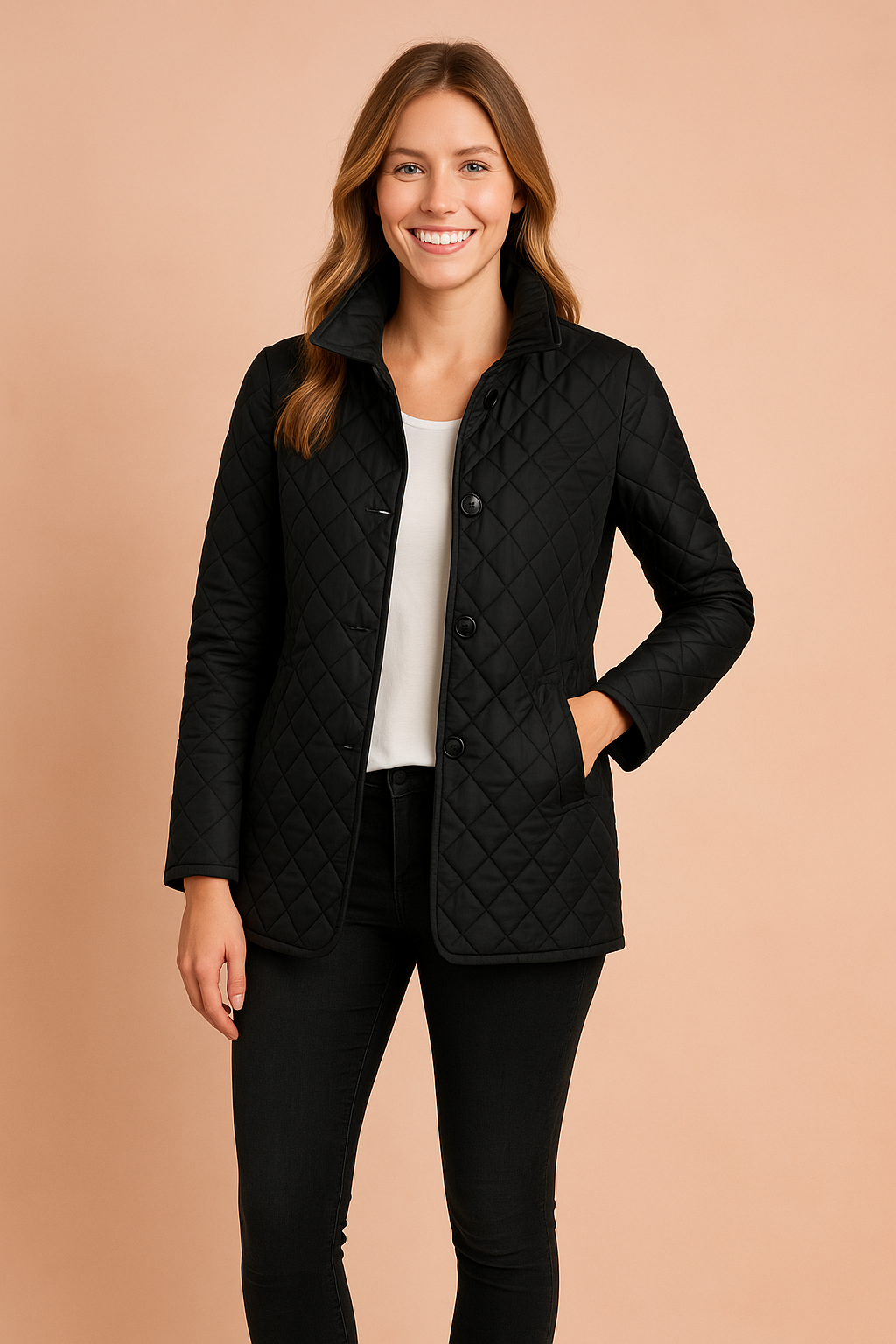 Black quilted jacket with button closure, slim-fit cut, long sleeves, and side pockets, styled with a white T-shirt and black slim-fit jeans.