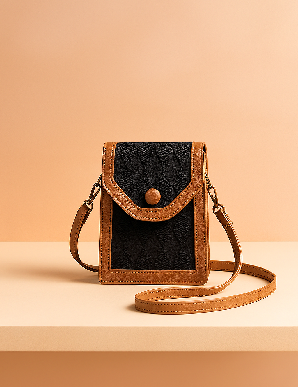 Compact black quilted crossbody bag with tan faux leather trim, curved flap closure, and adjustable strap.